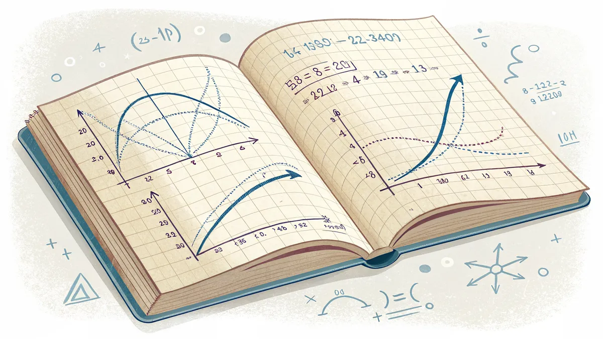 Öppen mattebok med grafer och kurvor på rutat papper