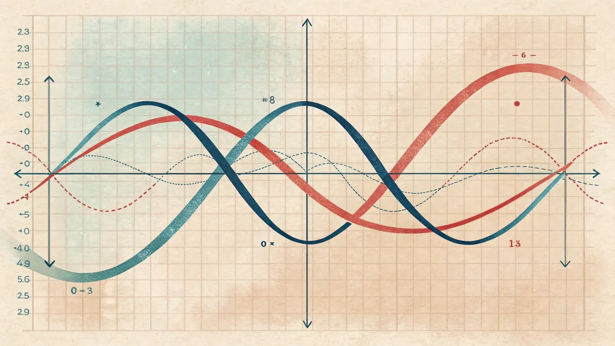 Matematiska funktionskurvor i rött och blått på rutat papper